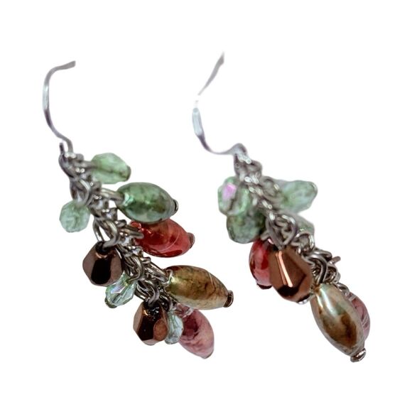 Multi-Colored Art Glass Beaded Cluster Dangle Earrings 2" Silver Tone Boho - Picture 5 of 9